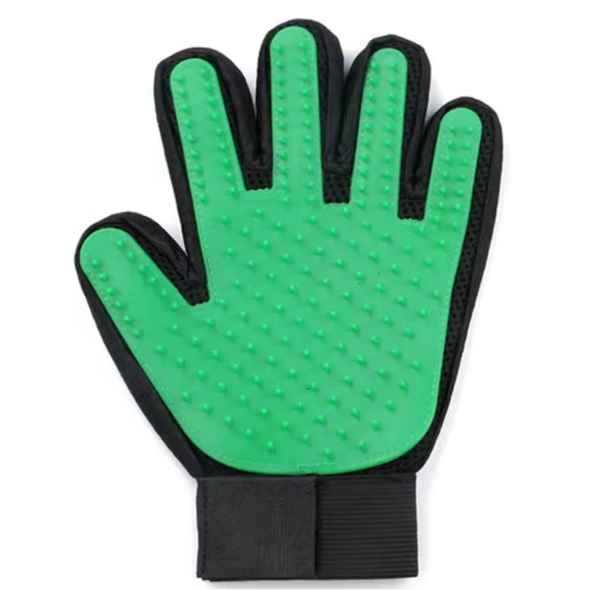 Green grooming glove for left hand -front view