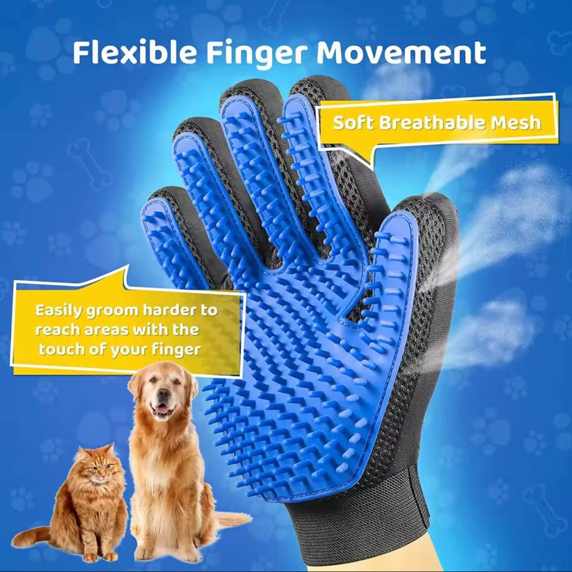 Blue grooming glove with flexible finger movement 