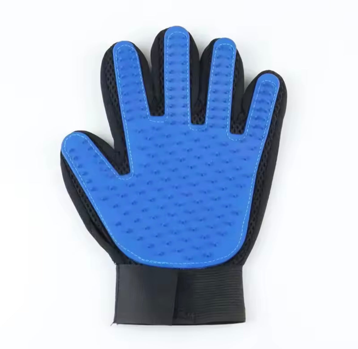 Blue grooming glove for left hand- front view 