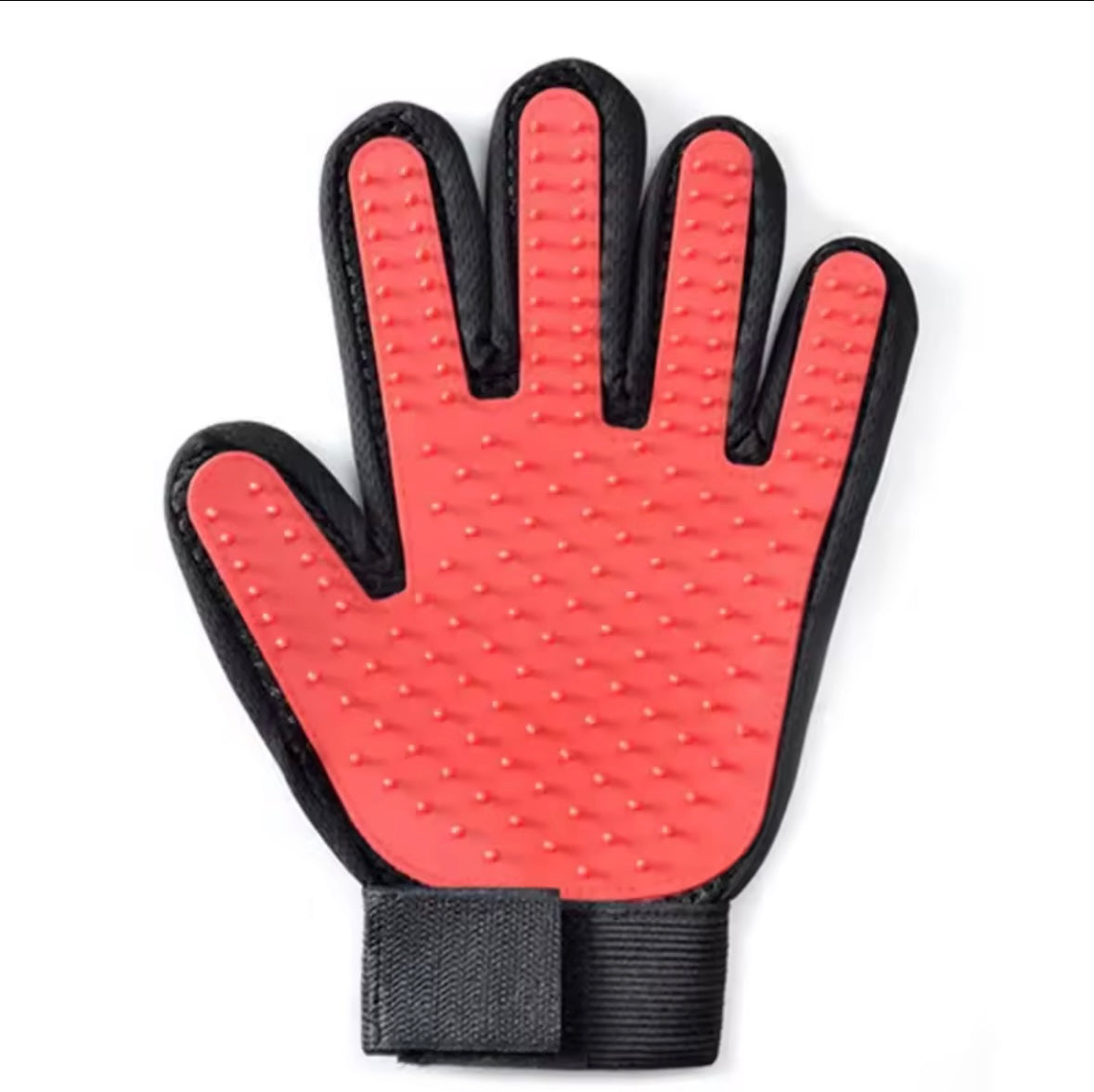 Red grooming glove for left hand- front view 