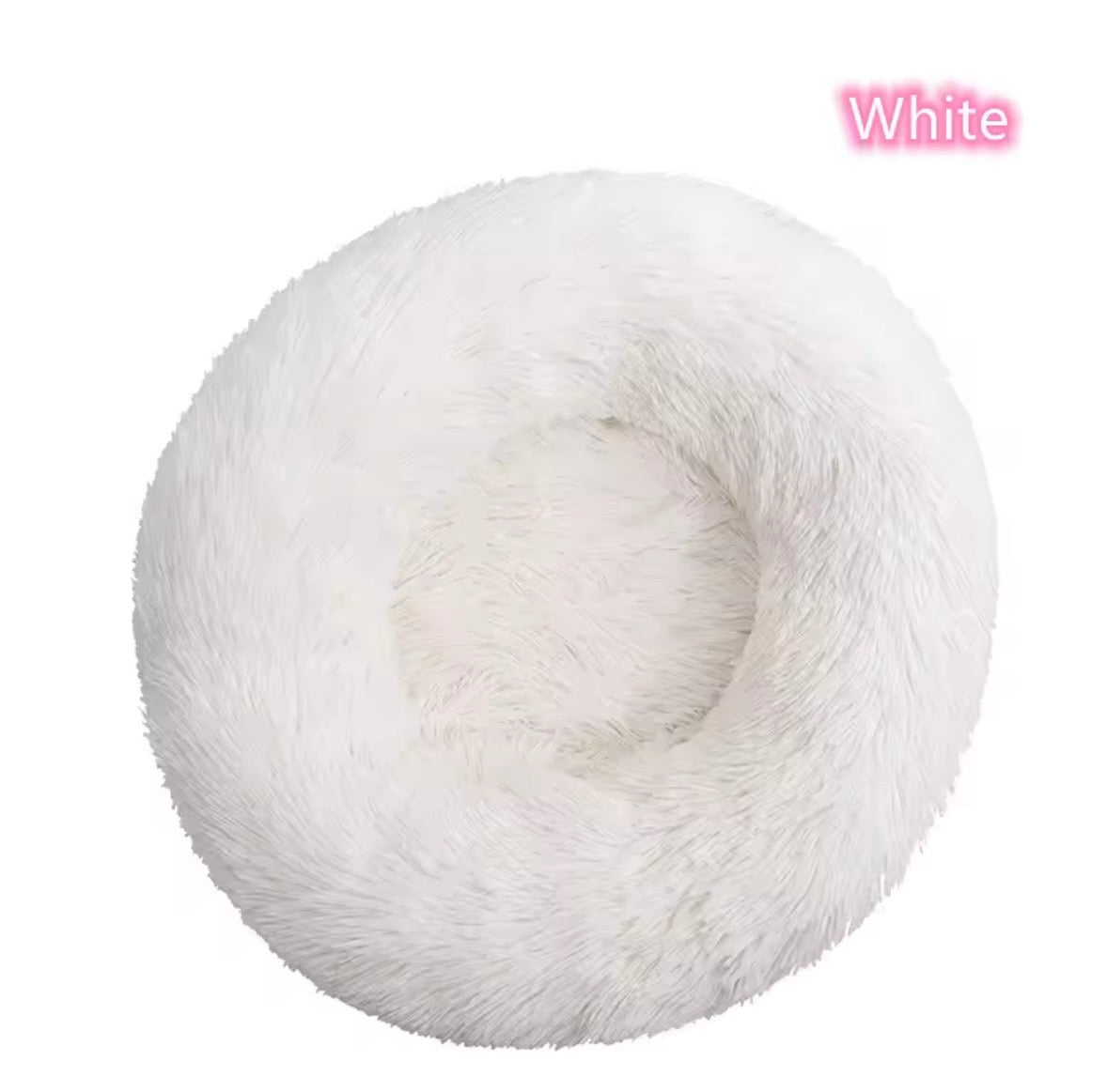 "Calming donut dog bed in white – front view"