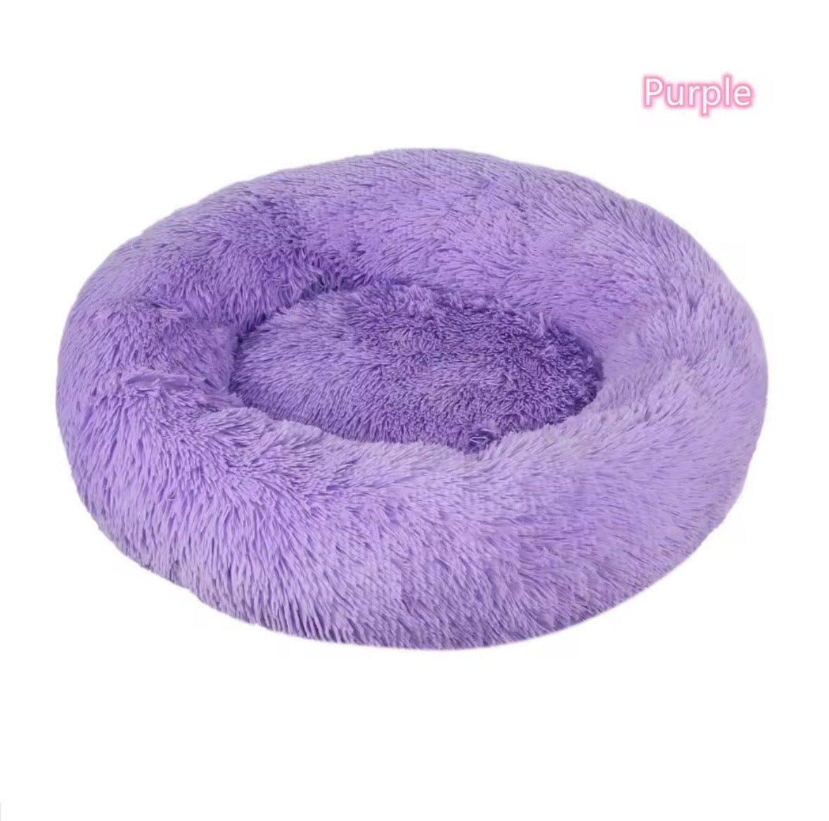 "Calming donut dog bed in purple – side view"