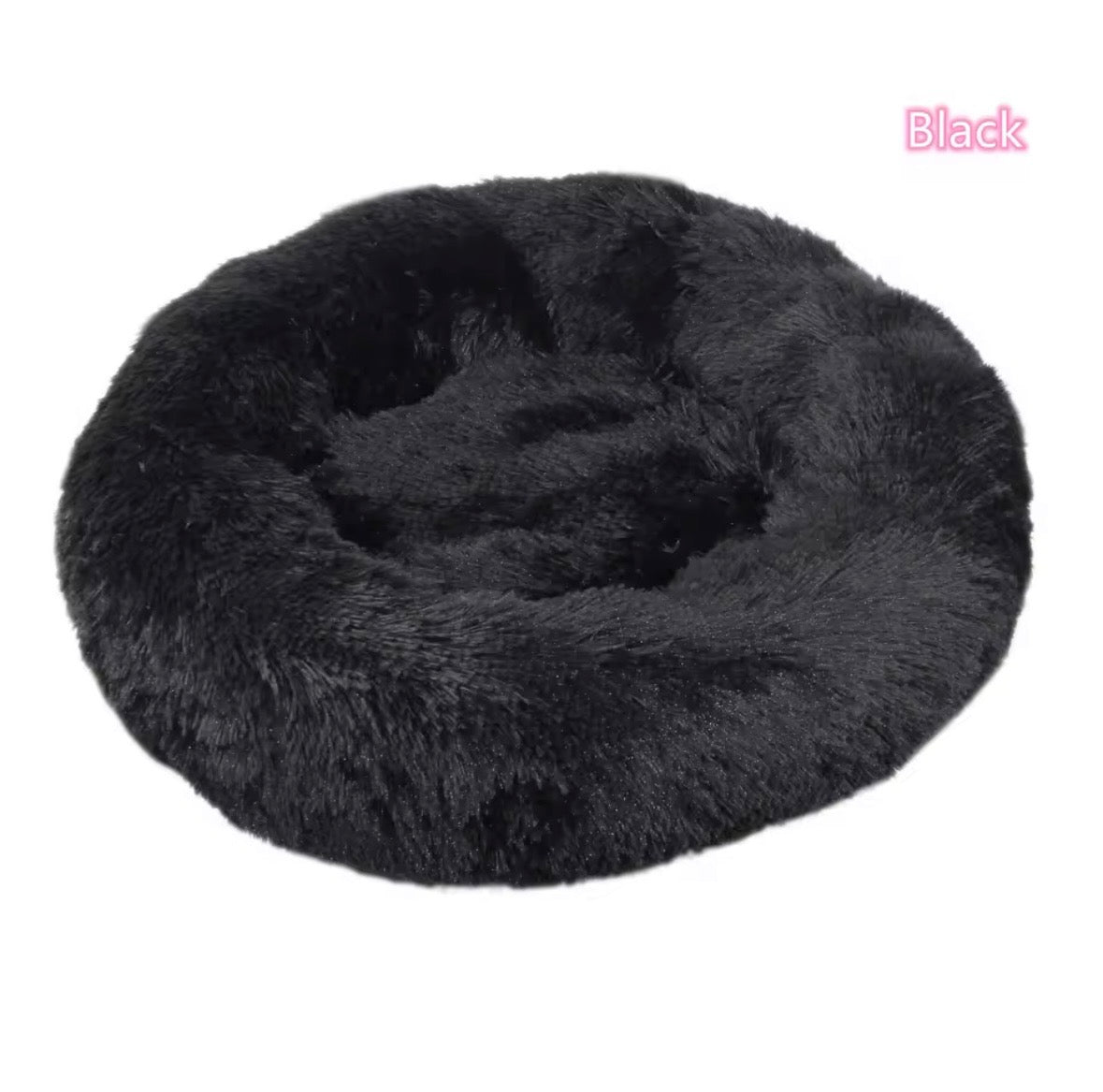 "Calming donut dog bed in black  – side view"