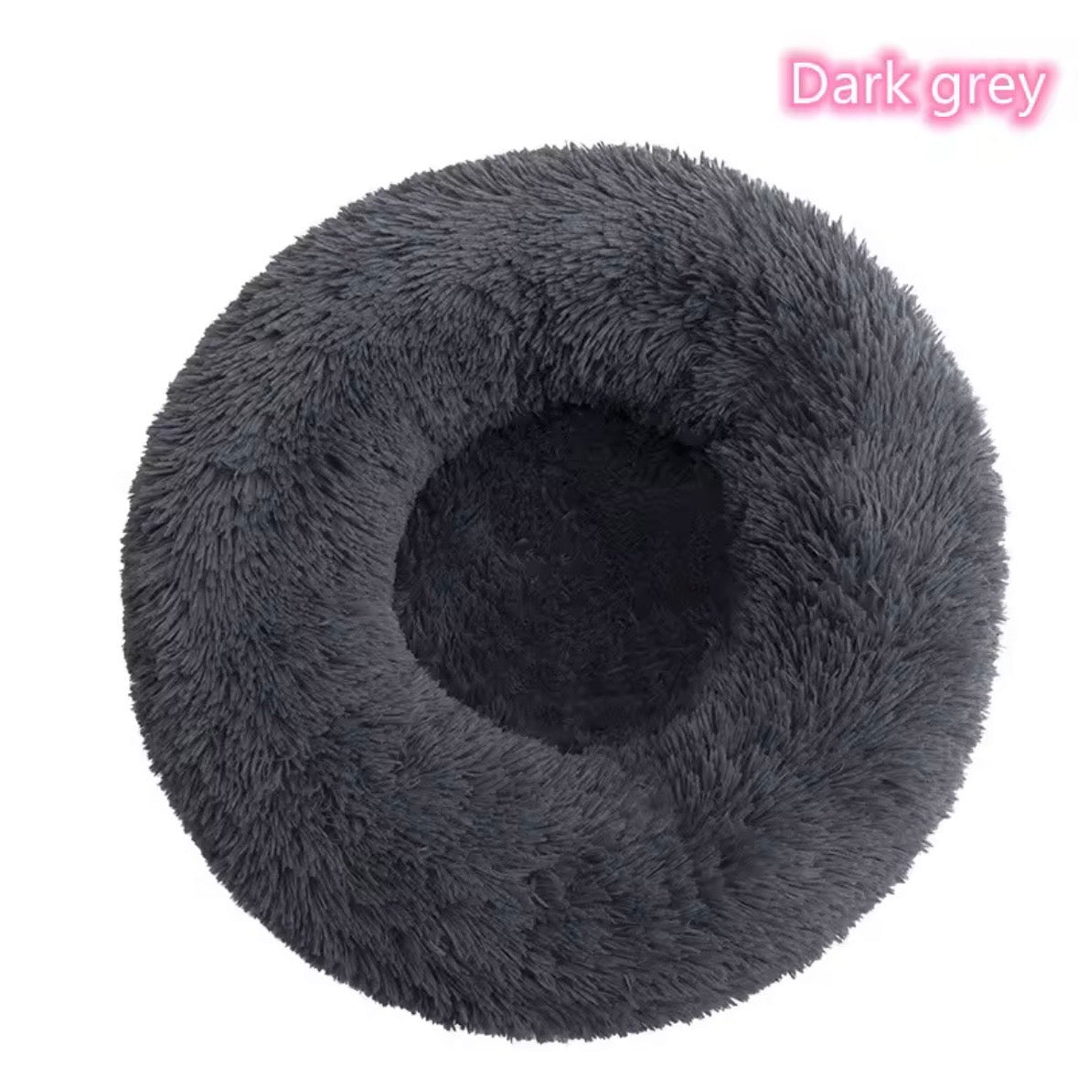 "Calming donut dog bed in dark grey color – front view"